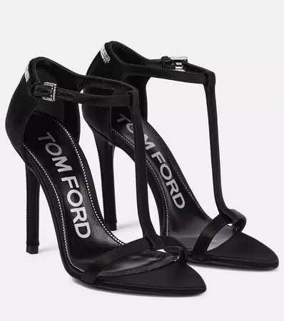 T Crystal Embellished Satin Sandals in Black - Tom Ford | Mytheresa