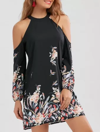 [CUSTOM] 2018 Cold Shoulder Floral Border Print Shift Dress In BLACK 2XL | DressLily.com