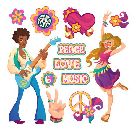 Free Vector | Set of symbols of hippy culture with hearts, flowers, hand gesture, happy woman and man with guitar isolated
