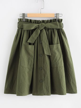 Frill Waist Pocket Front Buttoned Skirt