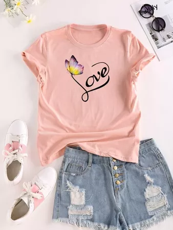 Butterfly & Letter Graphic Tee | SHEIN USA pink
