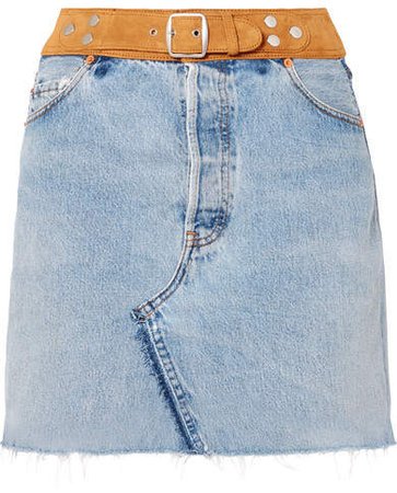 Belted Denim And Suede Mini Skirt - Mid denim