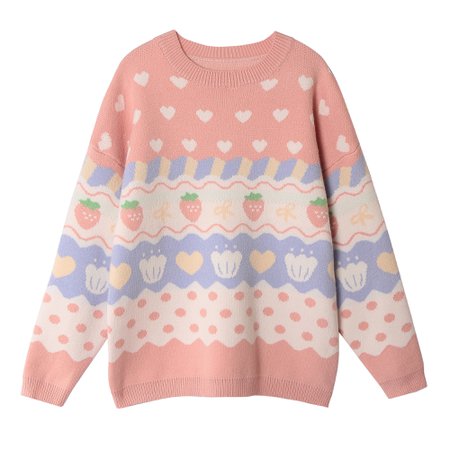 Japanese Cute Student Girl Autumn Fall Winter Warm Strawberry Heart Pattern Embroidery Blue Cream Pastel Stripe Long Sleeve Pink Sweater · sugarplum · Online Store Powered by Storenvy
