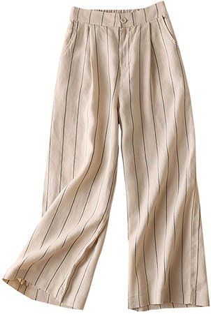 Aeneontrue Women's 100% Linen Wide Leg Pants Capri Trousers Back with Elastic Waist at Amazon Women’s Clothing store