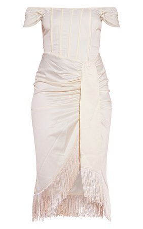 Cream Satin Bardot Tassel Hem Draped Midi Dress | PrettyLittleThing USA