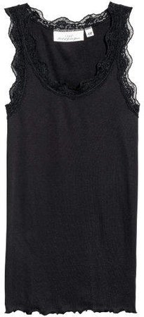 Ribbed Lace-trimmed Tank Top - Black