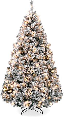 Amazon.com: Best Choice Products 7.5ft Pre-Lit Snow Flocked Artificial Holiday Christmas Pine Tree for Home, Office, Party Decoration w/ 550 Warm White Lights, Metal Hinges & Base: Home & Kitchen