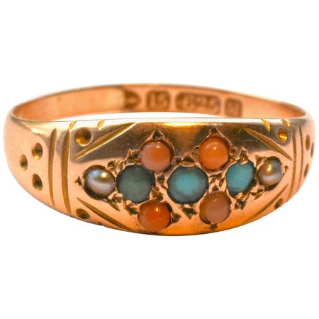 Antique Turquoise Coral and Pearl Gold Gypsy Ring For Sale at 1stdibs