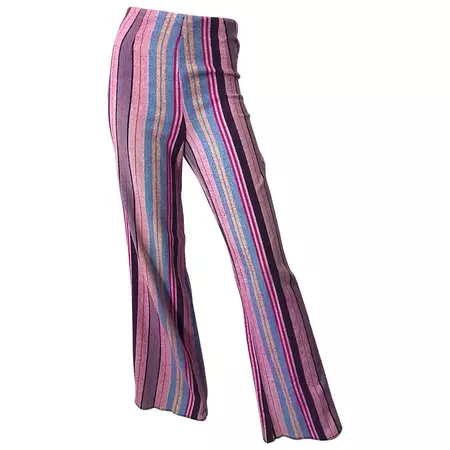 Fabulous 1970s High Waisted Pink + Blue Striped Vintage 70s Bell Bottoms Trousers For Sale at 1stDibs