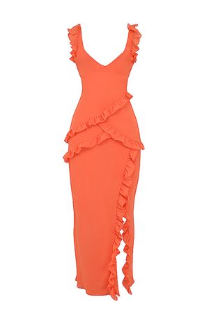 Clothing : Maxi Dresses : 'Pixie' Flame Orange Ruffle Maxi Dress