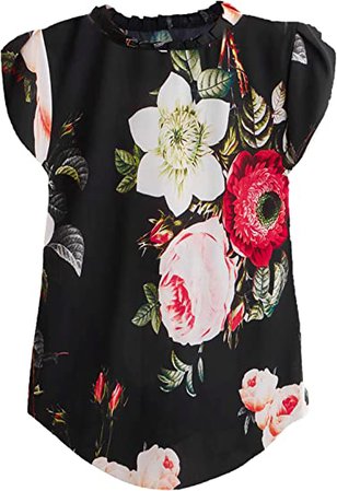Romwe Women's Elegant Floral Print Top Short Sleeve Office Work Blouse Shirt Floral Light Grey M at Amazon Women’s Clothing store