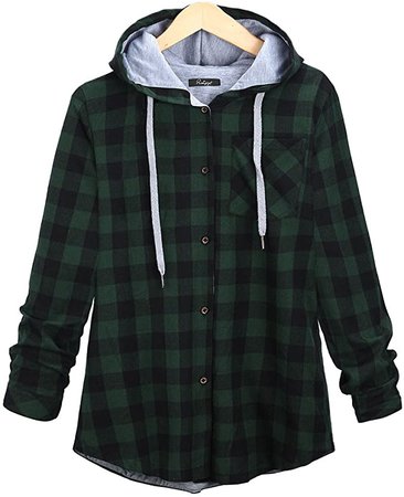 Women's Soft Casual Mid-Long Plaid Checker Pattern Hood Button Down Shirt Top (us XL = Label 3XL, Green) at Amazon Women’s Clothing store