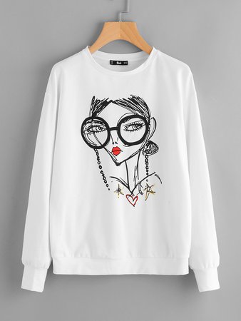 Glasses Girl Print Drop Shoulder Sweatshirt