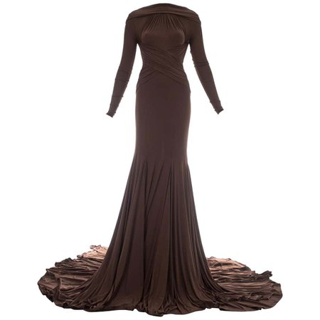 Guy Laroche brown viscose jersey pleated evening gown, S/S 2005 For Sale at 1stdibs