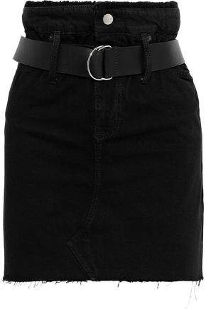 Shearling-paneled Distressed Denim Mini Skirt