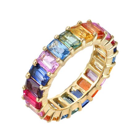 14KT Gold Emerald Cut Rainbow Sapphire Eternity Ring — The Foundry