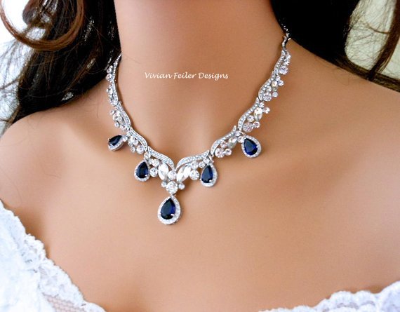 Blue Wedding Necklace Sapphire Bridal Necklace NAVY Blue Tear Drop Jewelry Red Emerald Green Purple Statement Necklace
