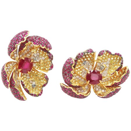 Amazing Red Ruby Yellow Sapphire Diamond Flower Gold Earrings