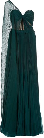 Oscar de la Renta Pleated Cold-Shoulder Silk Gown
