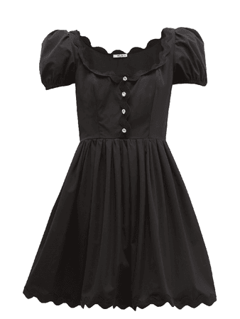 Miu Miu Scalloped Crystal-embellished Cotton-poplin Mini Dress In Black