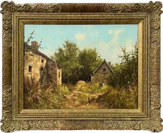James Wright - Rural Farm House Scene with Hens in English Countryside by 20th Century Artist For Sale at 1stDibs | james hens, hens house in english, james owns a house in the countryside