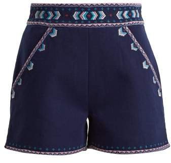 Talitha - Embroidered High Rise Cotton Twill Shorts - Womens - Dark Blue