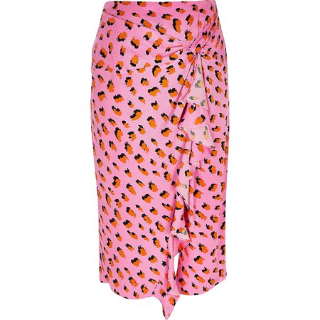 Plus pink printed twist front midi skirt | River Island