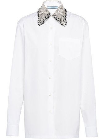 Shop white & metallic Prada embellished-collar buttoned shirt with Express Delivery - Farfetch