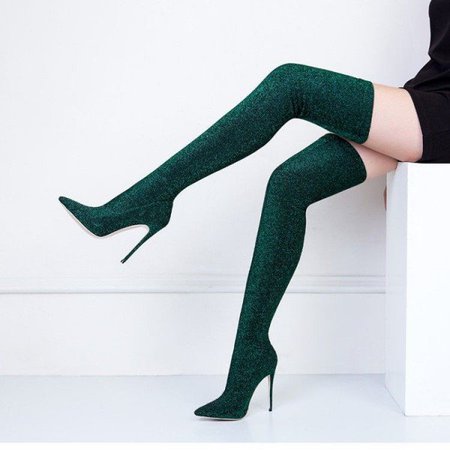 Green Thigh High Heel Boots Pointy Toe Elastic Stiletto Heel Shoes for Party, Music festival, Date, Going out | FSJ
