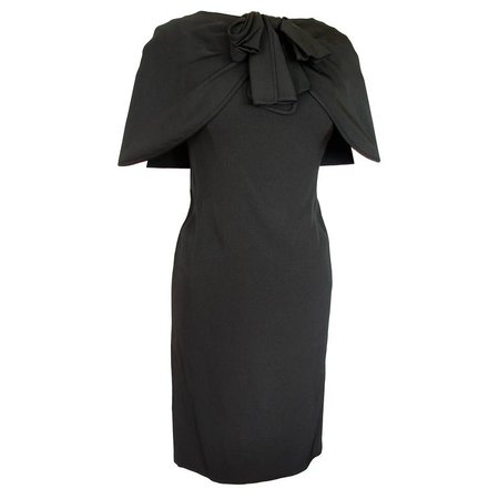 Rare Pauline Trigere 1950s Black Silk Dress Exquisite Draped Shawl Collar Sz S/M For Sale at 1stdibs