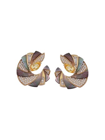 Ananya, 18kt Yellow Gold Miniature Demi Mogra c-clip aquamarine, sapphire, Diamond And mother-of-pearl Earrings