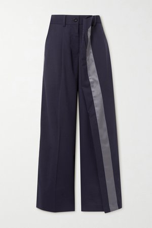 Navy Layered satin-trimmed grain de poudre wide-leg pants | Sacai | NET-A-PORTER