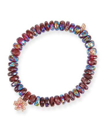 Sydney Evan Rhodolite Garnet Bead Bracelet with 14k Rose Gold Sakura Charm