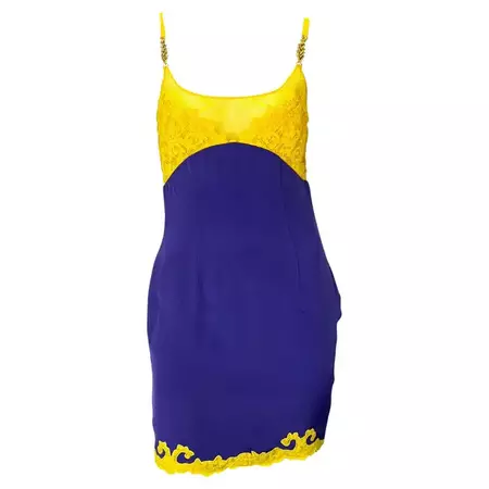 F/W 1996 Gianni Versace Couture Purple Satin Yellow Lace Rhinestone Slip Dress For Sale at 1stDibs