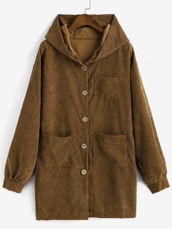 [41% OFF] [POPULAR] 2019 Pockets Button Up Hooded Corduroy Coat In BROWN | ZAFUL brown