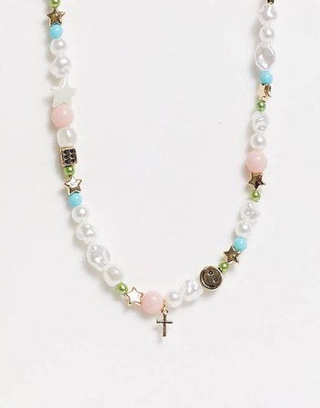 ASOS DESIGN bead necklace with dice and happy face charm in pastel colours | ASOS