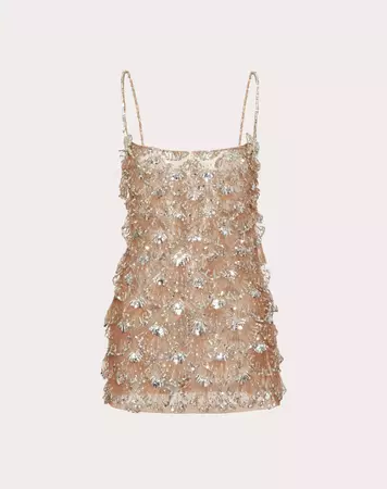 Tulle Illusione Embroidered Short Dress for Woman in Light Camel/silver | Valentino US