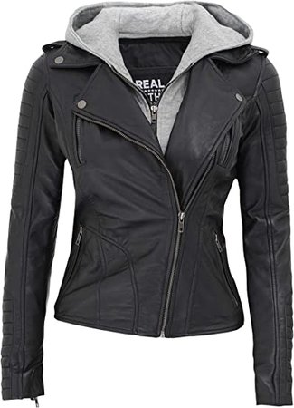 Black Leather Jacket Women with Hood | [1303501] Bagheria, XS at Amazon Women's Coats Shop