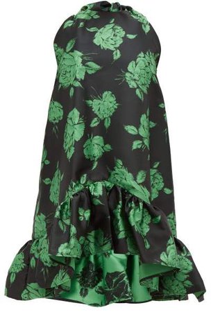Ruffled Floral Jacquard Mini Dress - Womens - Black Multi