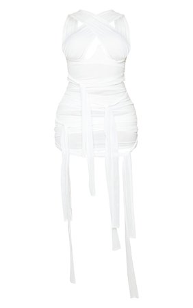 Shape White Mesh Wrap Neck Tie Bodycon Dress | PrettyLittleThing USA