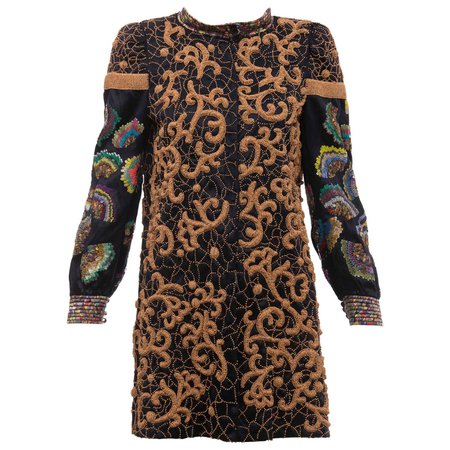 Dries Van Noten Black Silk Cotton Wood Beaded And Sequins Coat, Fall 2008 For Sale at 1stDibs