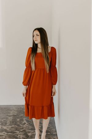 The Maggie | Orange Midi Dress with Detailed Sleeve - Bates Sisters Boutique
