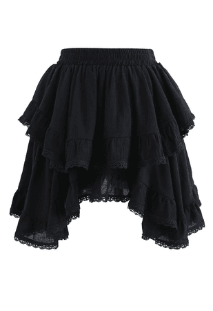 black asymmetrical lace trim skirt