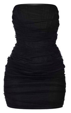 Black Mesh Corset Ruched Dress | PLT