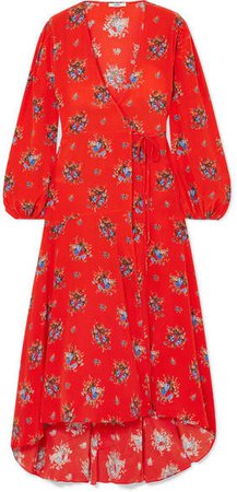 Kochhar Floral-print Washed-silk Wrap Dress - Red
