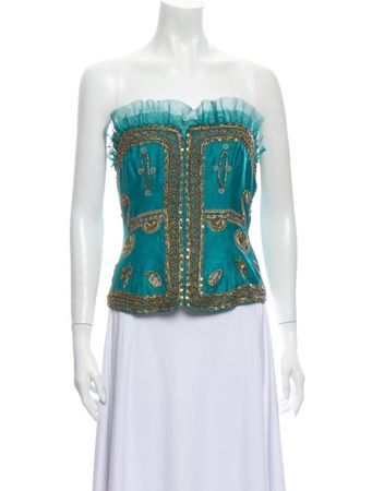 Zuhair Murad Silk tafetta paisley corset teal gold Patterned Crop Top w/ Tags - Clothing - ZUH20462 | The RealReal