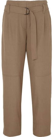 Belted Wool-blend Gabardine Pants - Brown