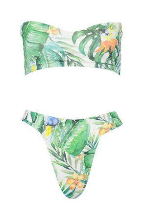Tropical Parrot Bandeau High Leg Bikini | Boohoo