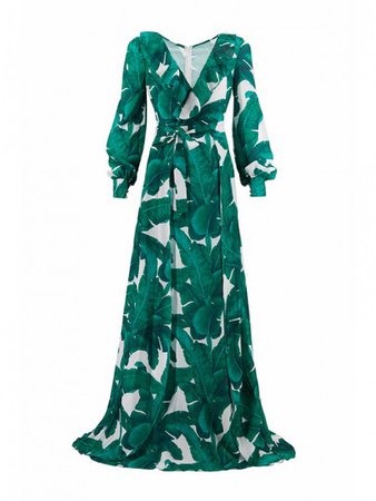 Green Palm Leaf Print Ruffle Sashes Deep V-neck Long Sleeve Bohemian Maxi Dress - Maxi Dresses - Dresses