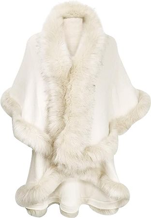 ZLYC Women Fine Knit Open Front Faux Fur Trim Layers Poncho Cape Cardigan Sweater (White) at Amazon Women’s Clothing store
